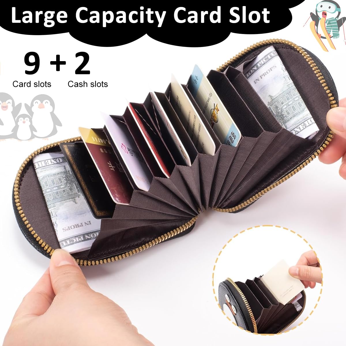 PALAY® Girls Card Bag Travel Card Holder with 10 Compartments Wallet Organizer Bag Zipper Pouch PU Cartoon Penguin Zipper Card Bag RFID Blocking Travel Card Holder