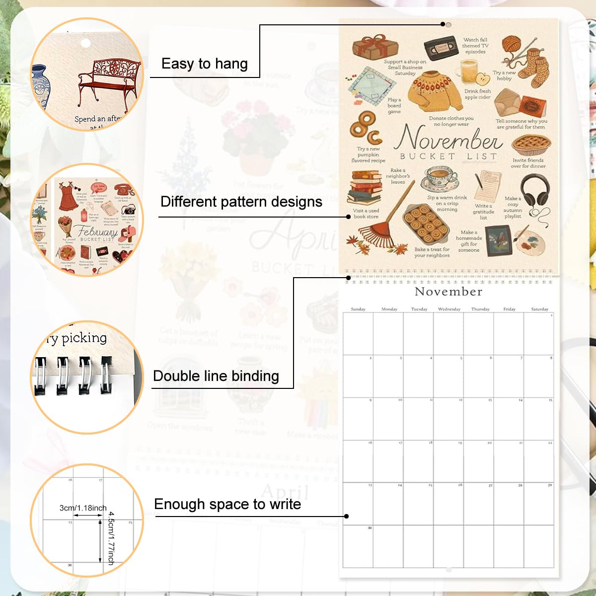 OFIFO 2025 Bucket List Calendar for Goal Planning with Coil Binding and Stickers | Wall Hanging Monthly Planner
