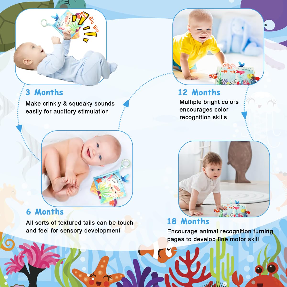 SNOWIE SOFT Cartoon Baby Cloth Book with 5 Double Sided Pages and Built In Squeaky Toy