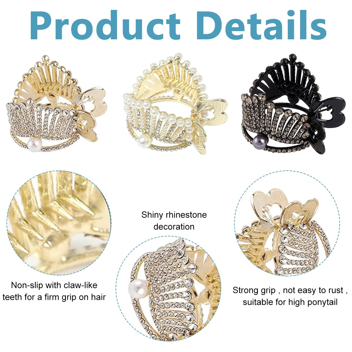 PALAY Hair Claw Clips for High Ponytail featuring Fishtail Handle and Alloy Pearl Design | 3 Pack