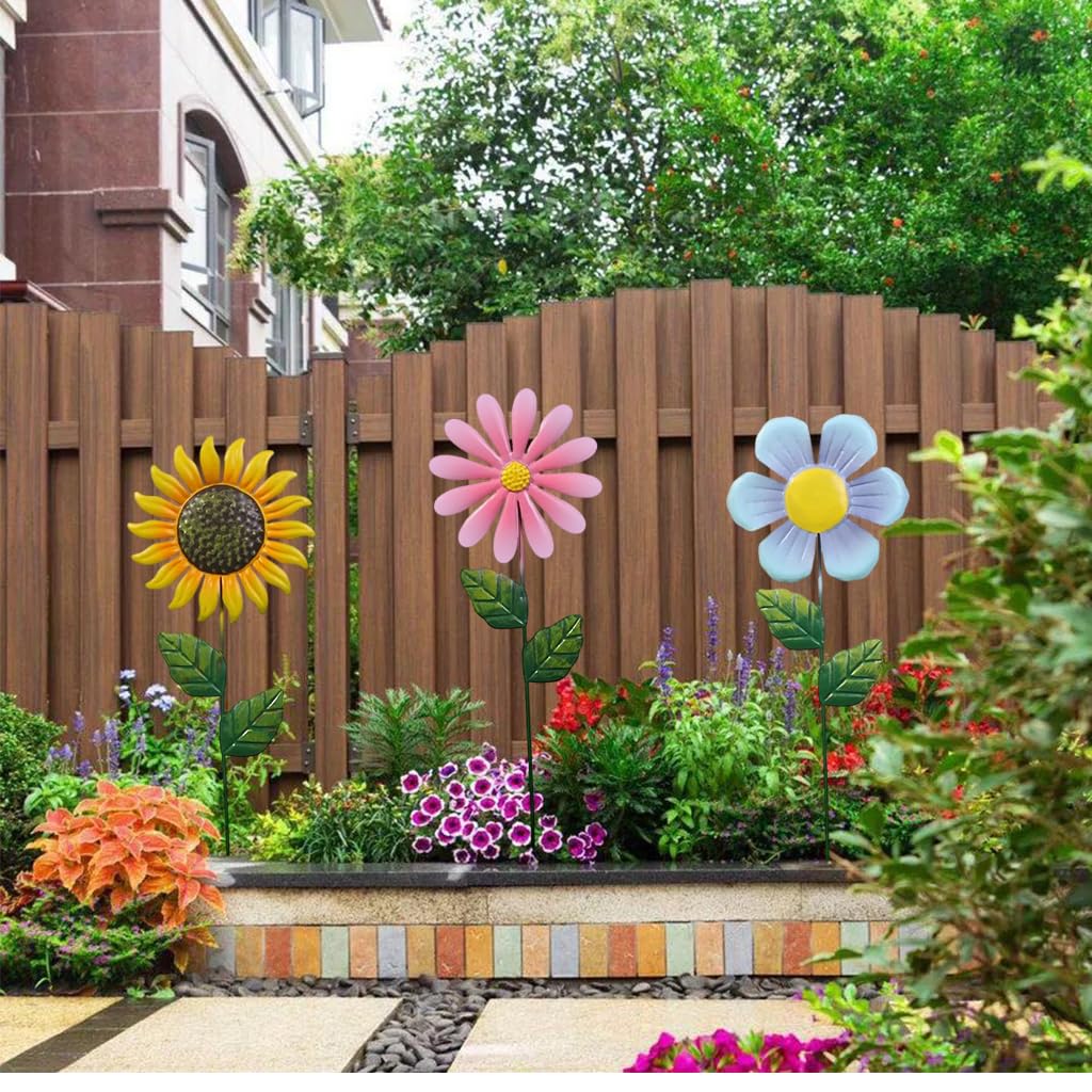 HASTHIP Flower Garden Stakes for Outdoor Decor featuring 18.9 in Metal Daisy Sunflower Set