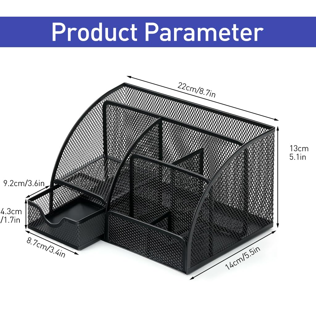 ZIBUYU® Desk Organizer, Pencil Holder for Desk, Mesh Office Desk Accessories with 6 Compartments and 1 Drawer Stationery Holder School