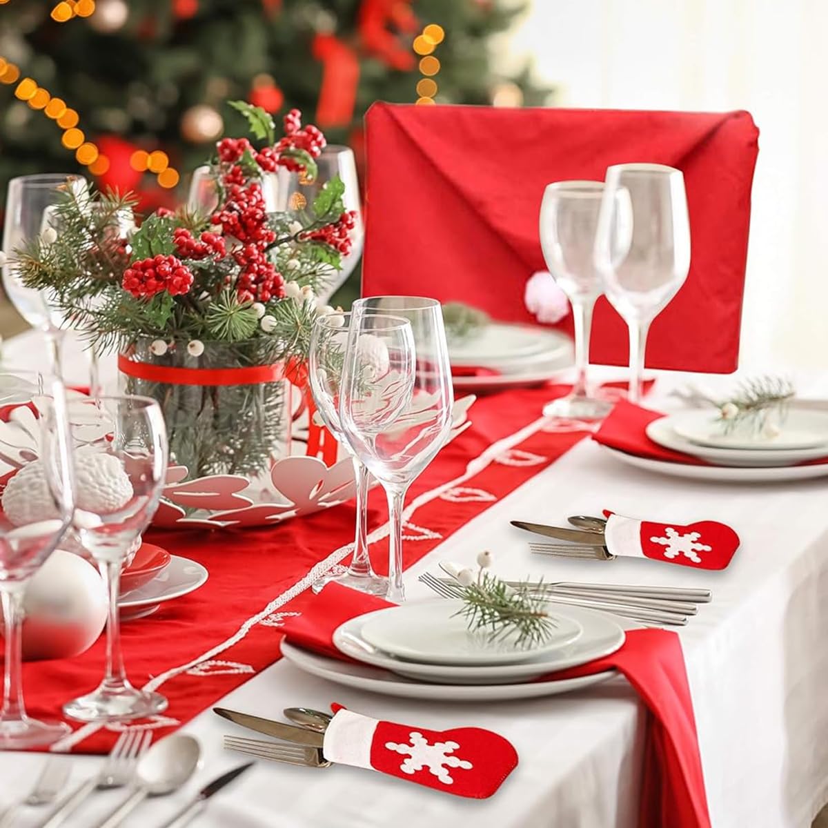 HASTHIP Christmas Chair Cover Set for 6-Seater Dining with 12pcs Sock Cutlery Holders | Festive Table Decor 50×60 cm
