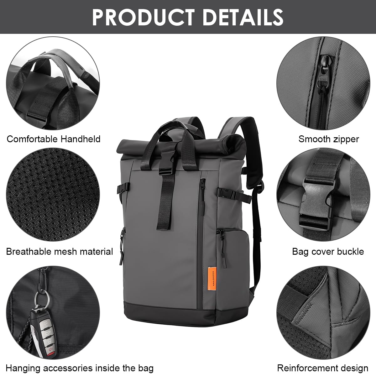 GUSTAVE Backpack for Travel with Roll Up Closure and 20 25L Expandable Waterproof Oxford Design