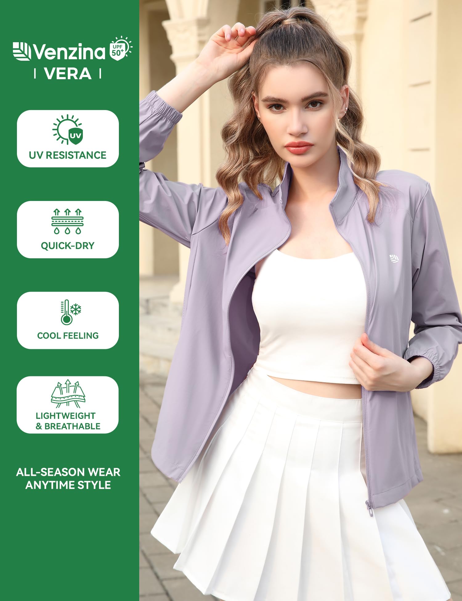 Venzina Women's UPF 50+ Sun Shirt for Hiking and Travel with 4-Way Stretch Mesh | Light Purple