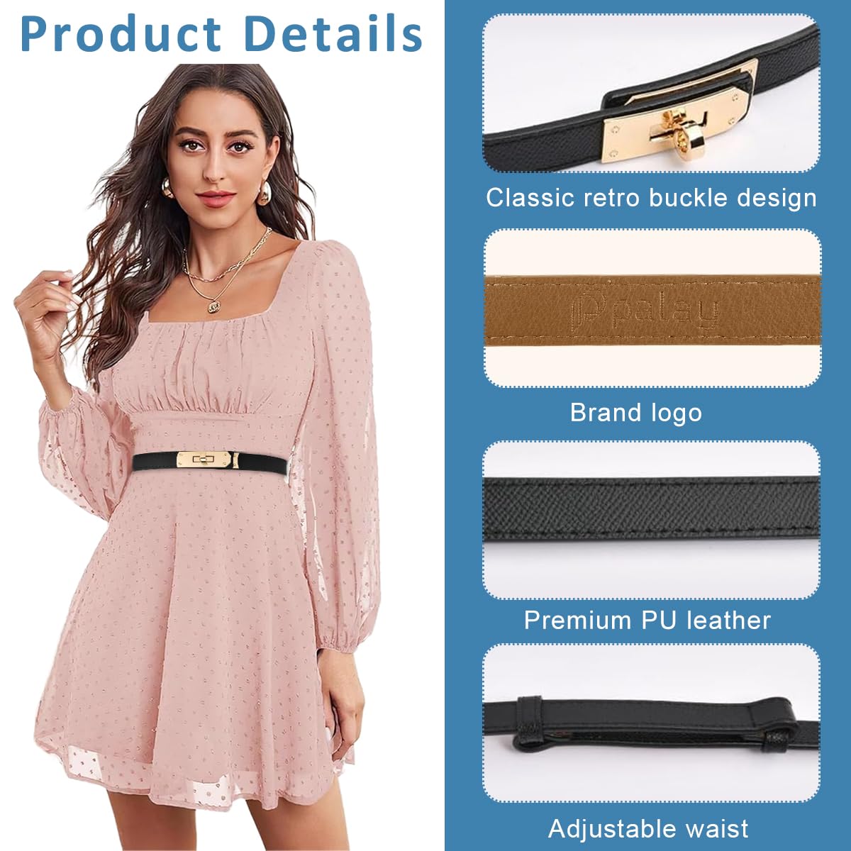 PALAY Waist Belt for Women Dresses with Metal Snap Button and PU Leather Black Design 65–105 cm