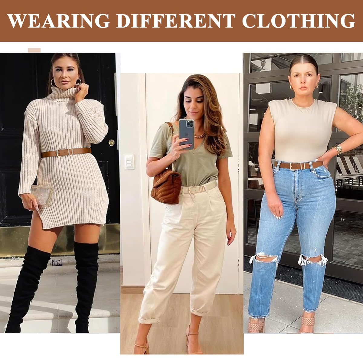 PALAY Belt for Women featuring Pin and Tuck Closure with Beige and Brown PU Leather | Slim Fashion Accessory for Jeans and Dresses