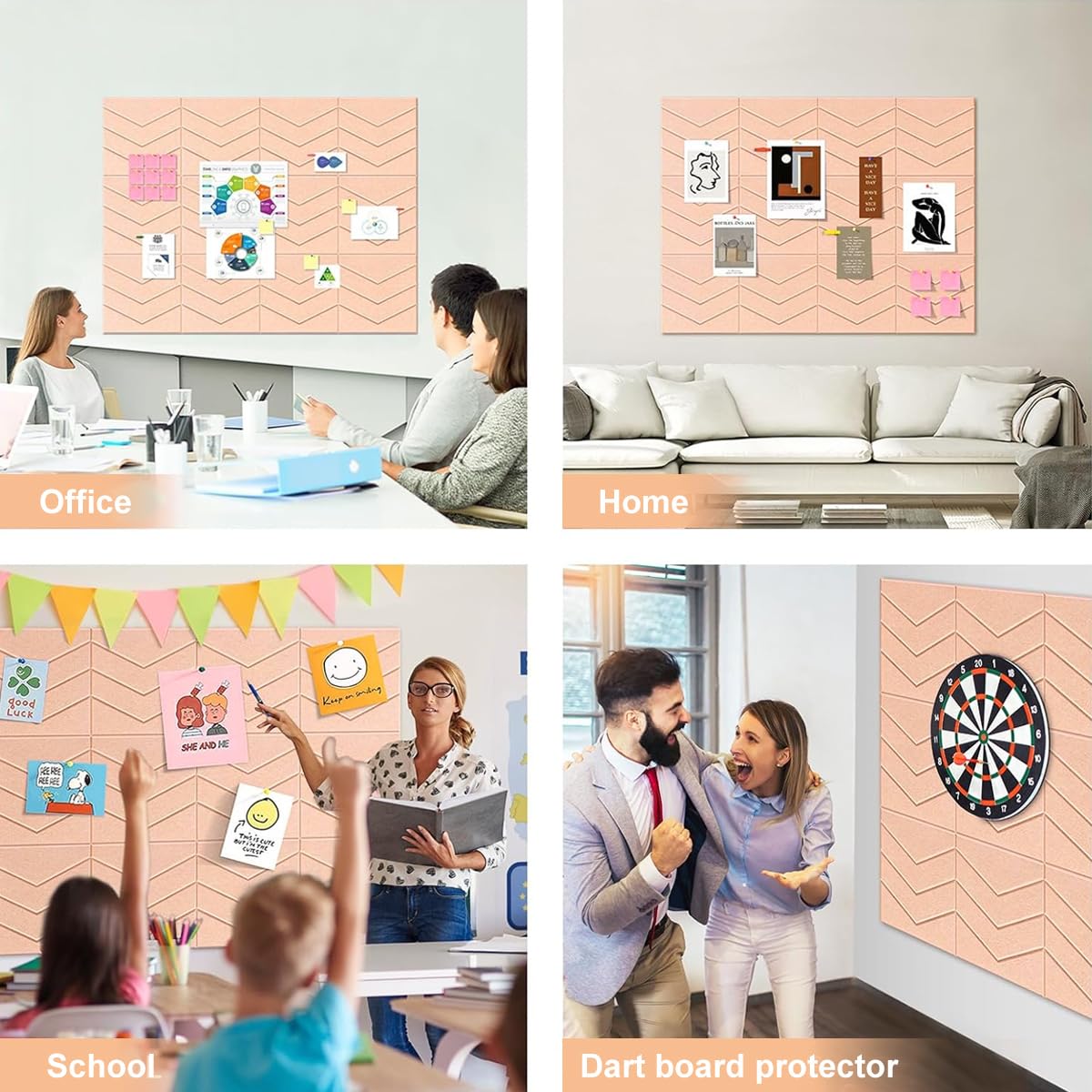 Climberty Felt Bulletin Board for Wall with Self Adhesive Panels 12 Pcs 11.8x11.8 in | Peach Pink Home and Office Organizer