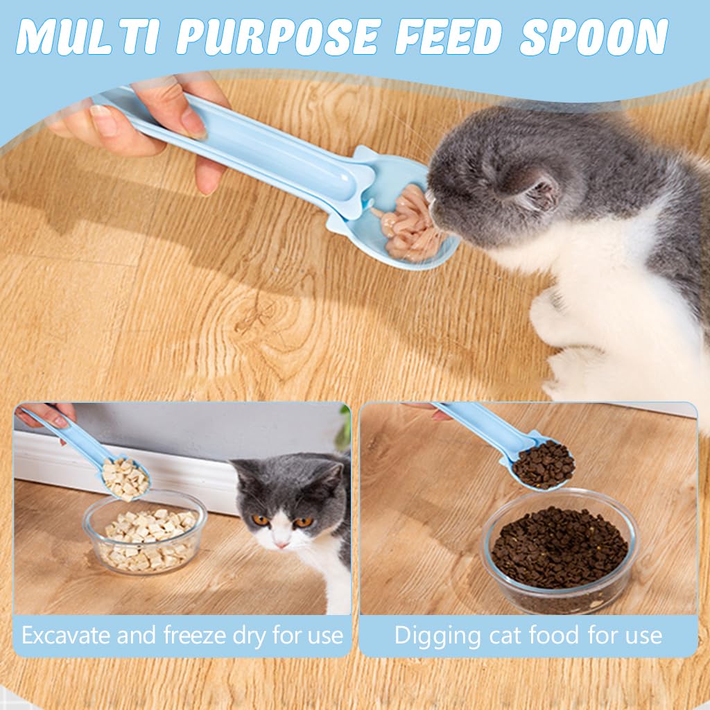 Qpets Cat Strip Feeder for Soft and Moist Treats featuring Pressing Lever Handle | Food Grade Silicone Portable Feeding Spoon in Blue