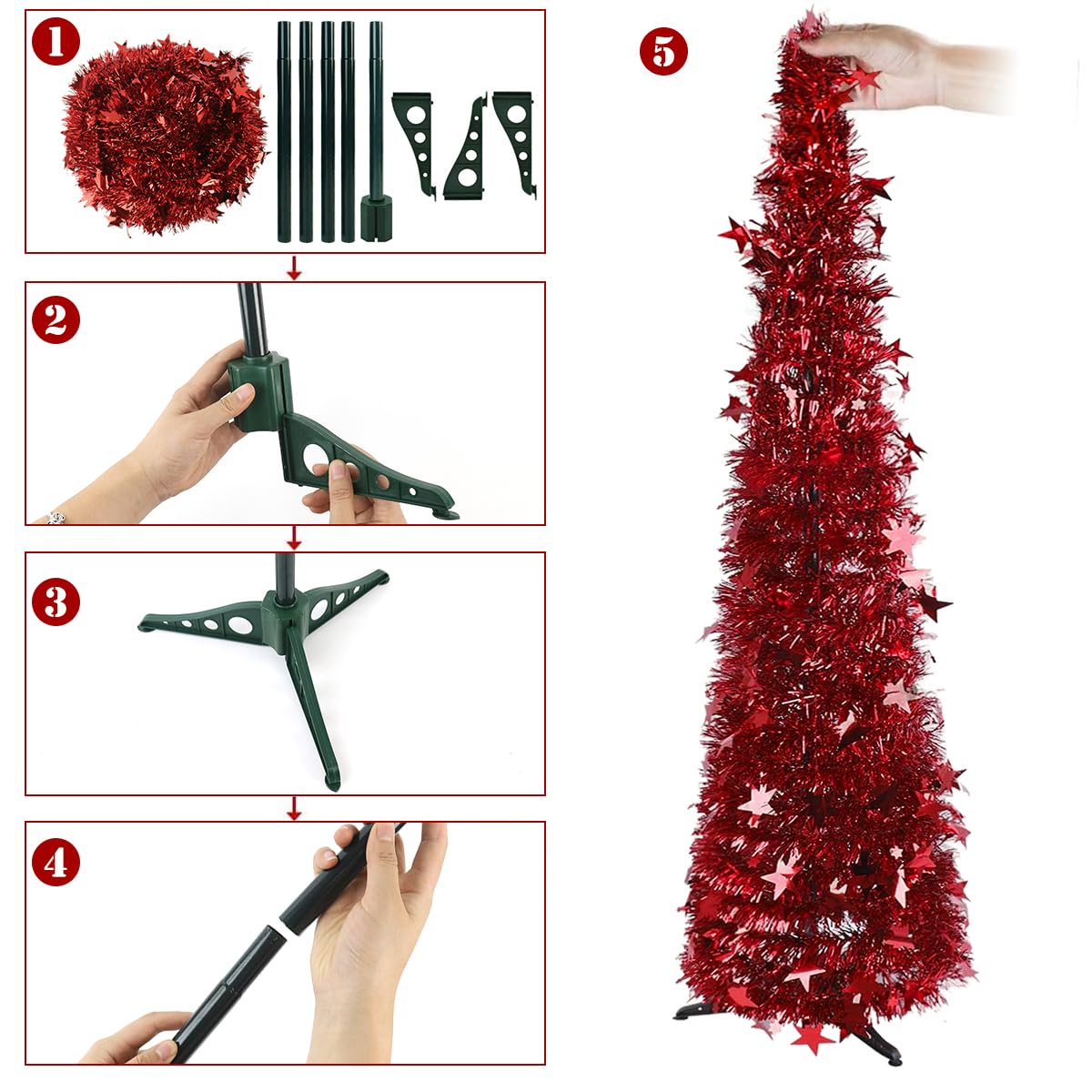 HASTHIP® 1.5m Sparkling Red Christmas Tree Tinsel Garland Red Christmas Tree Festival Party Home Decor DIY Assembly Red Christmas Tree for Living Room, Balcony, Entryway, Garden