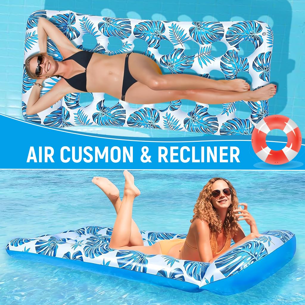 Proberos Inflatable Pool Lounger for Adult with Headrest & Cup Holder featuring 14x92x64cm PVC Mesh Seat | White Floating Hammock for Sun Relaxation