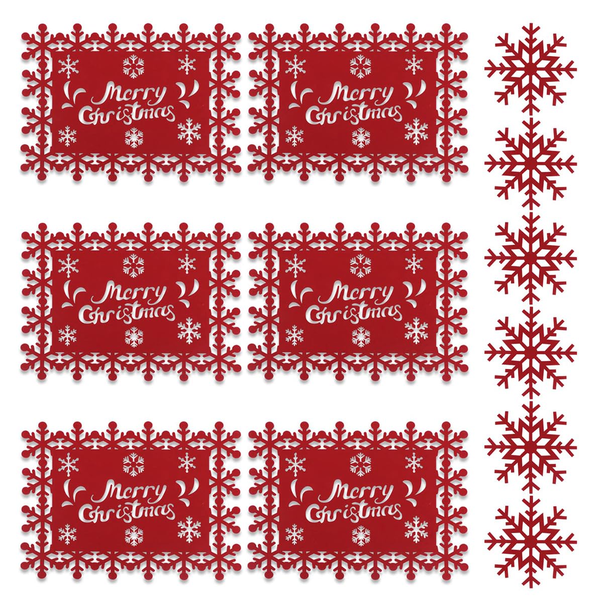 HASTHIP® Christmas Placemats & Snowflake Coasters Set of 12 Red Joyful Christmas Placemats Coasters 3mm Felt Paper Cut Snowflake Christmas Placemats Coasters Creative Christmas Home Decor