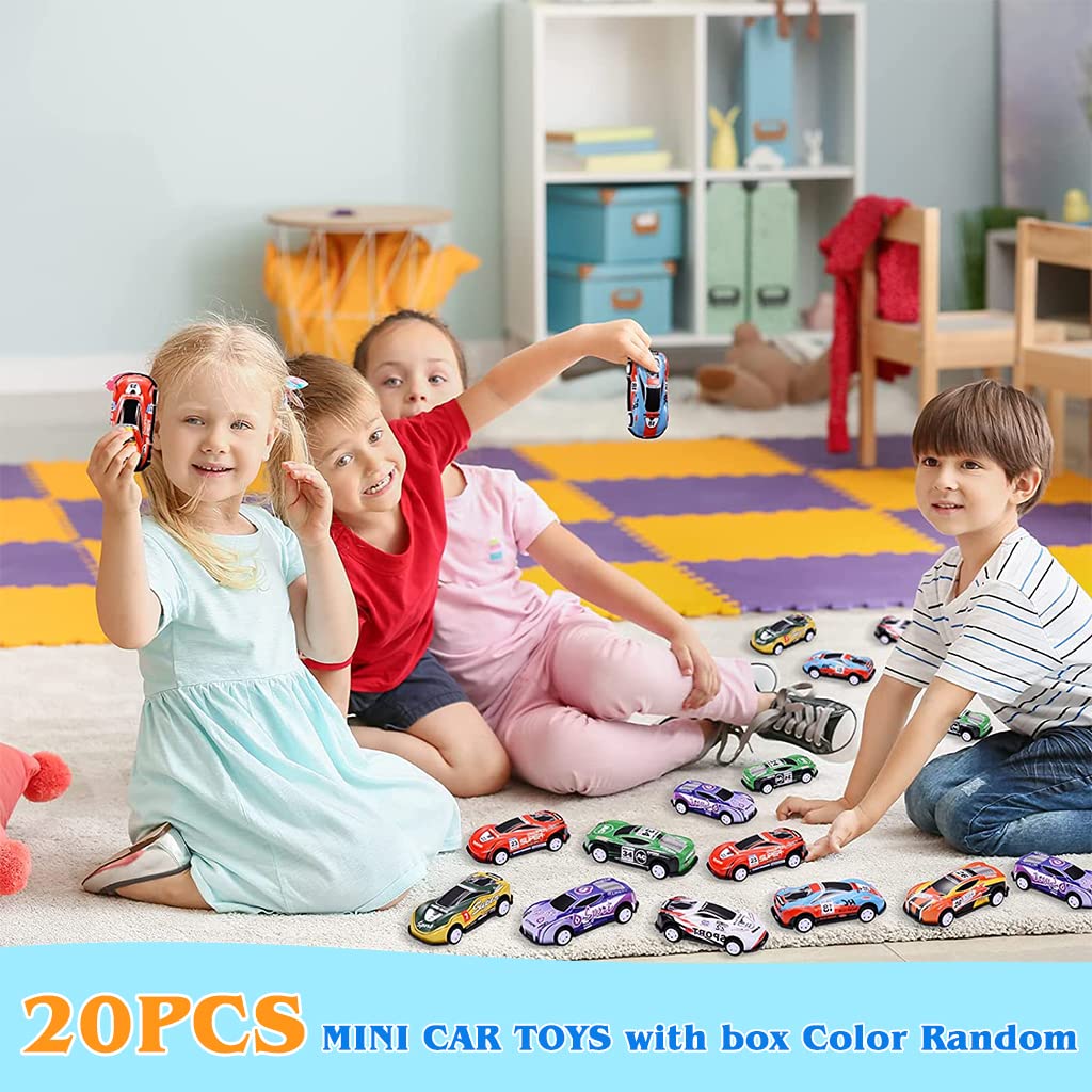 PATPAT Mini F1 Race Car Toy Set for Kids featuring 20pcs Pull Back Alloy Cars with Storage Bucket