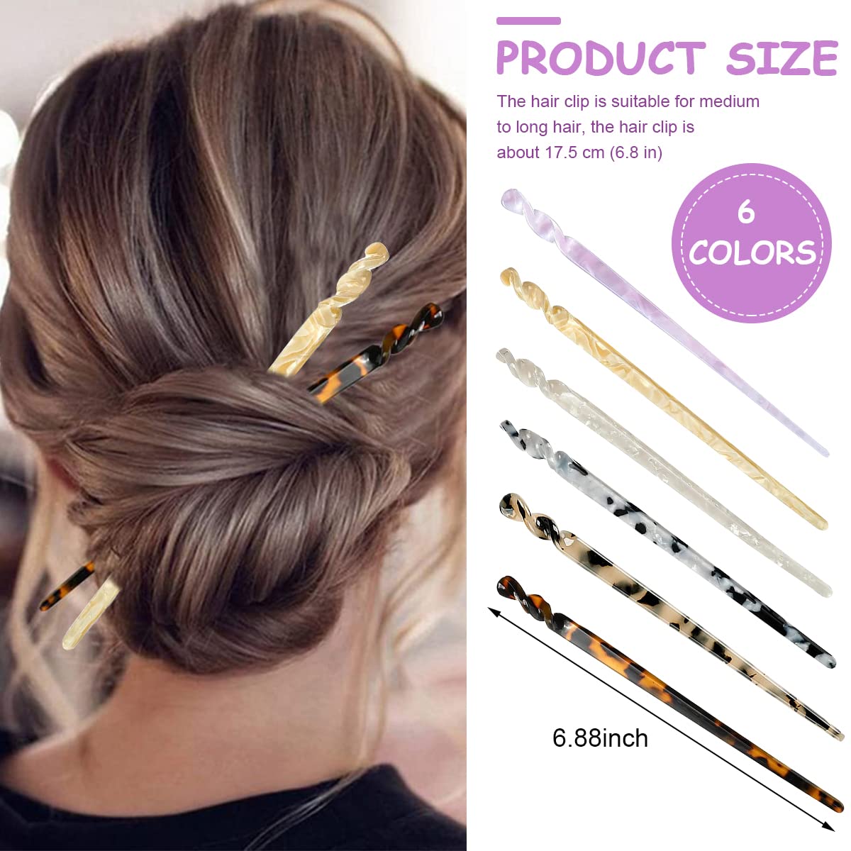 MAYCREATE Hair Bun Stick Set for Stylish Updos with Spiral Handle 17.5cm Amber Pins | 6pcs