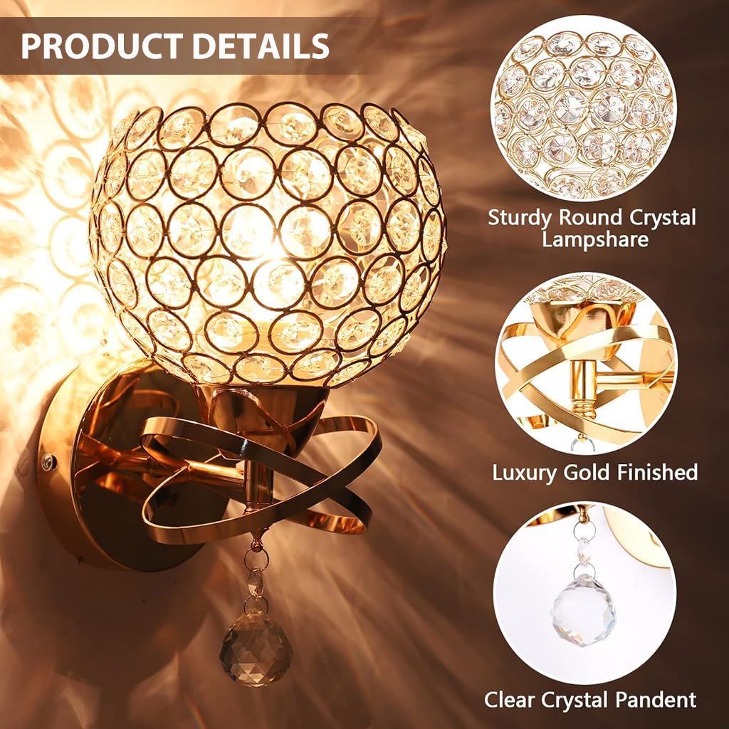 ELEPHANTBOAT® Crystal Wall Light Fixture Modern Crystal Lamp Cover Wall Lamp Fixtures for E26 Light Bulb Golden Metal Wall Light Fixtures with Twist Switch Living Room Wall Light Fixture, No Bulb