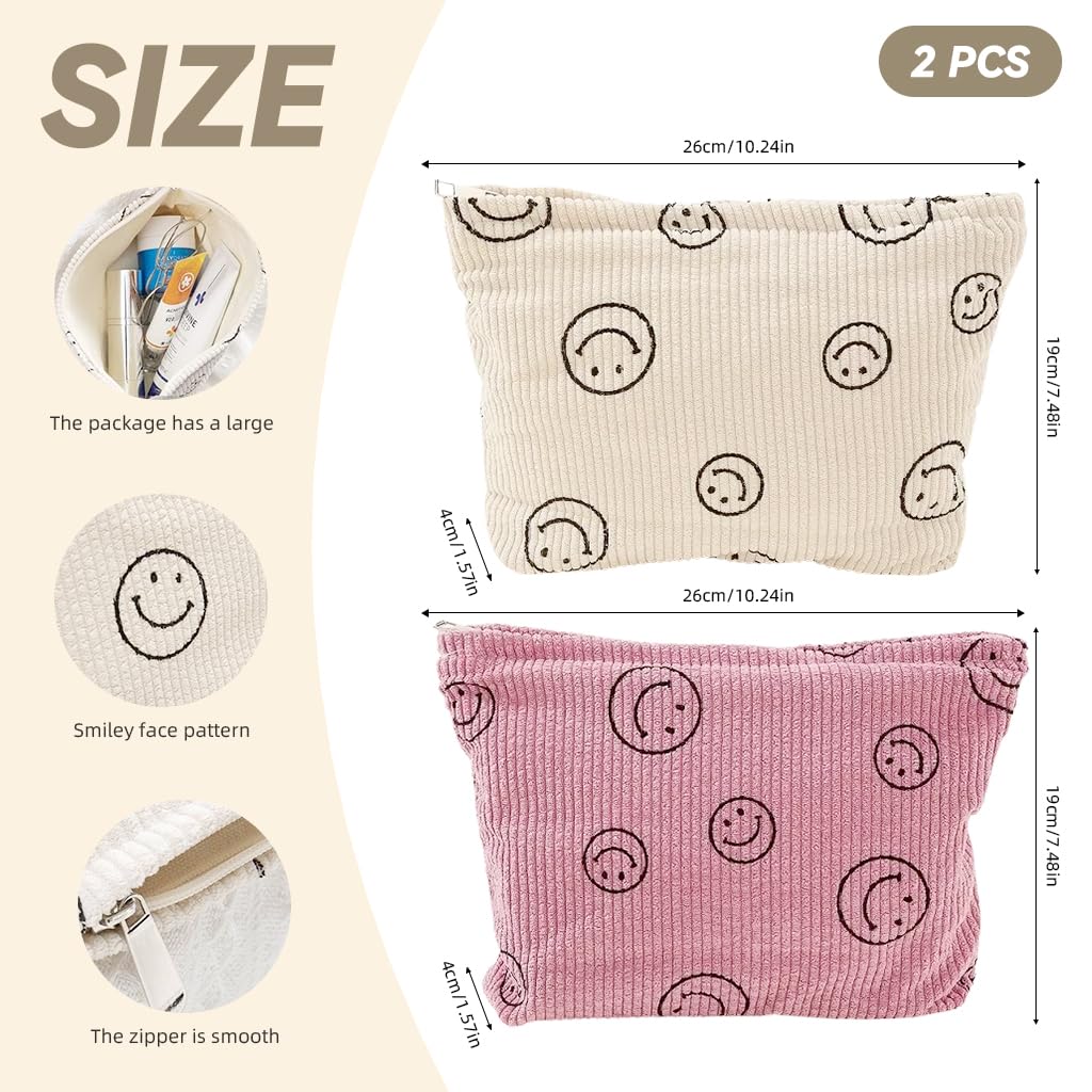 ZIBUYU Makeup Pouch 2 Piece Set with Utility Zipper and Smile Face Print Corduroy 25x18cm