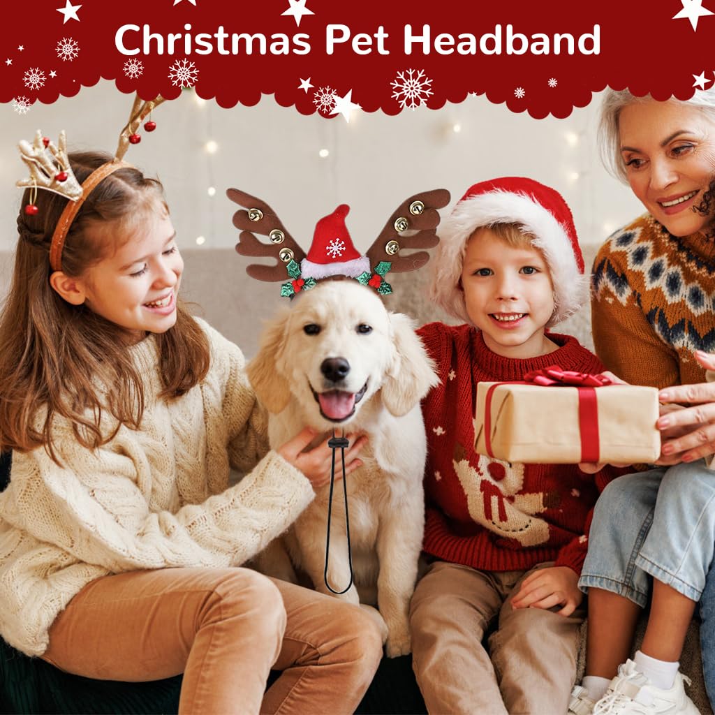 Qpets Dog Christmas Headband with Adjustable Chin Strap for Holiday Photos | Festive Elk Horn Santa Hat for Dogs and Cats