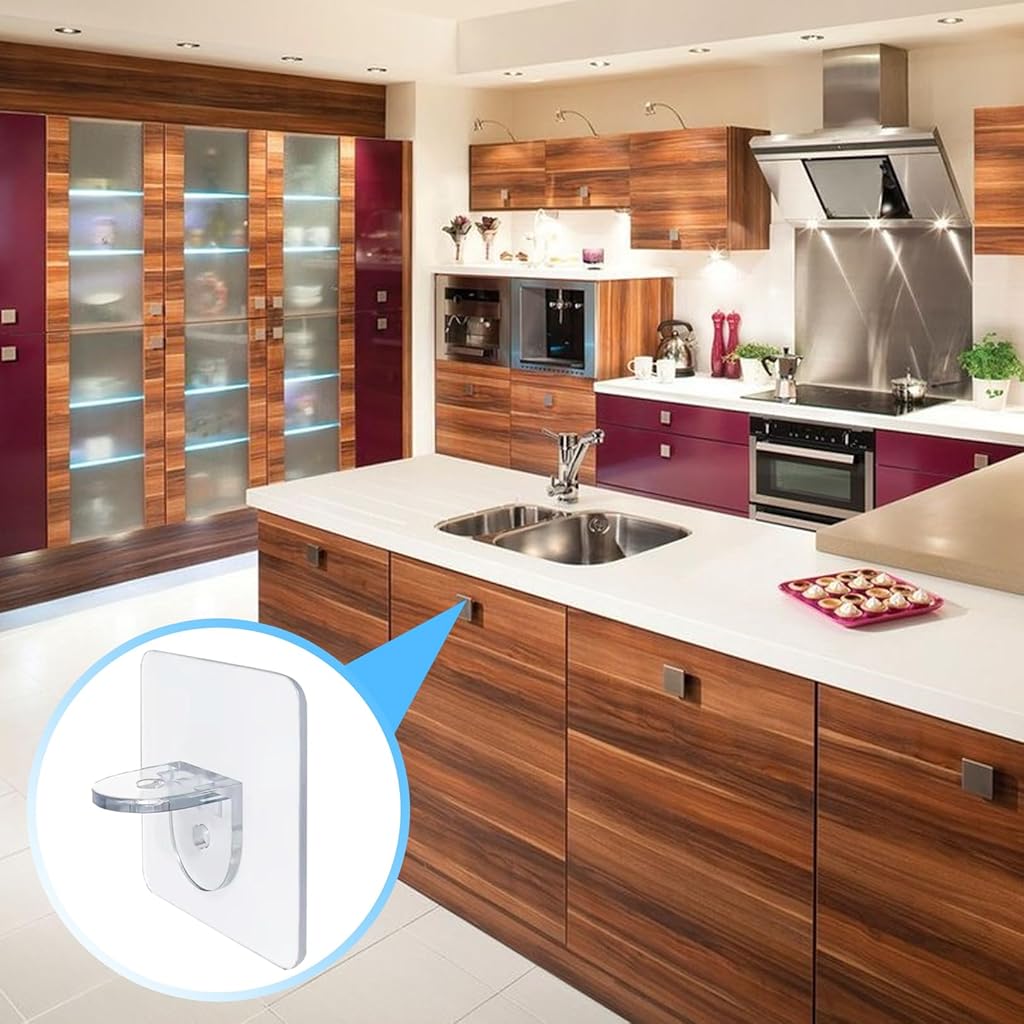 ZIBUYU® 20 Pcs Transparent Self Adhesive Shelf Bracket & Pegs, 7x7cm No Drill Punch-Free Wardrobe Partition Holder, Hooks for Kitchen, Bathroom, Closet & Wall Heavy Duty, Multi-Use Stickers