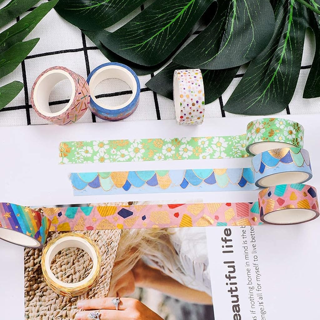 ELEPHANTBOAT® Gold Washi Tape Set 6 Rolls + HASTHIP 12 Rolls Gold Foil Masking Tape for DIY Crafts, Bullet Journals, Scrapbooking, Planners, Card & Gift Wrapping, Art Decoration Combo