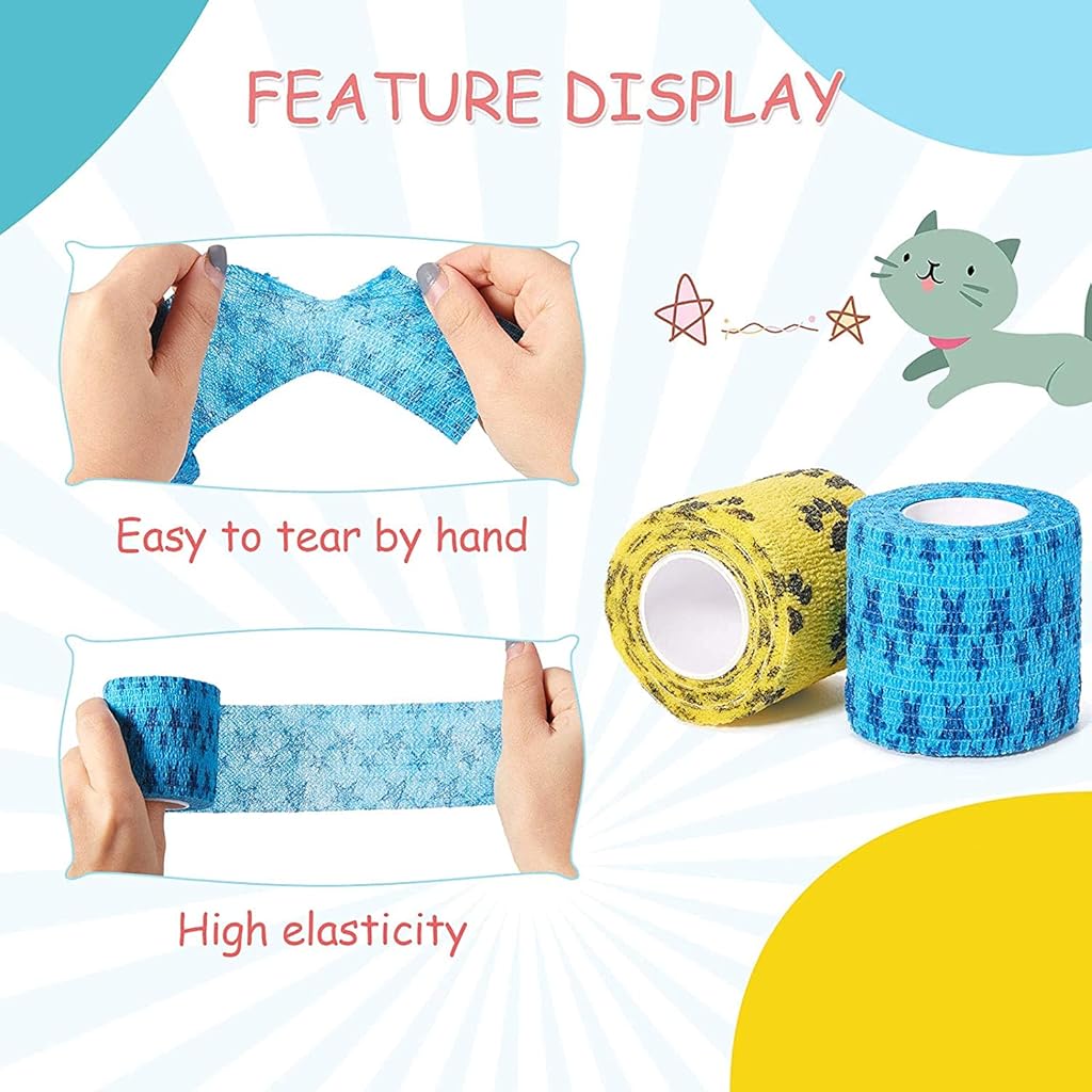 Qpets® Kinesiology & Vet Tape Combo, Self-Adhesive Waterproof Bandages for Injury Recovery, Pets & Humans, Cute Paw Print, Breathable Wrap for Wounds, Lick-Proof, 6pcs (10x5.4cm, 4.5M)