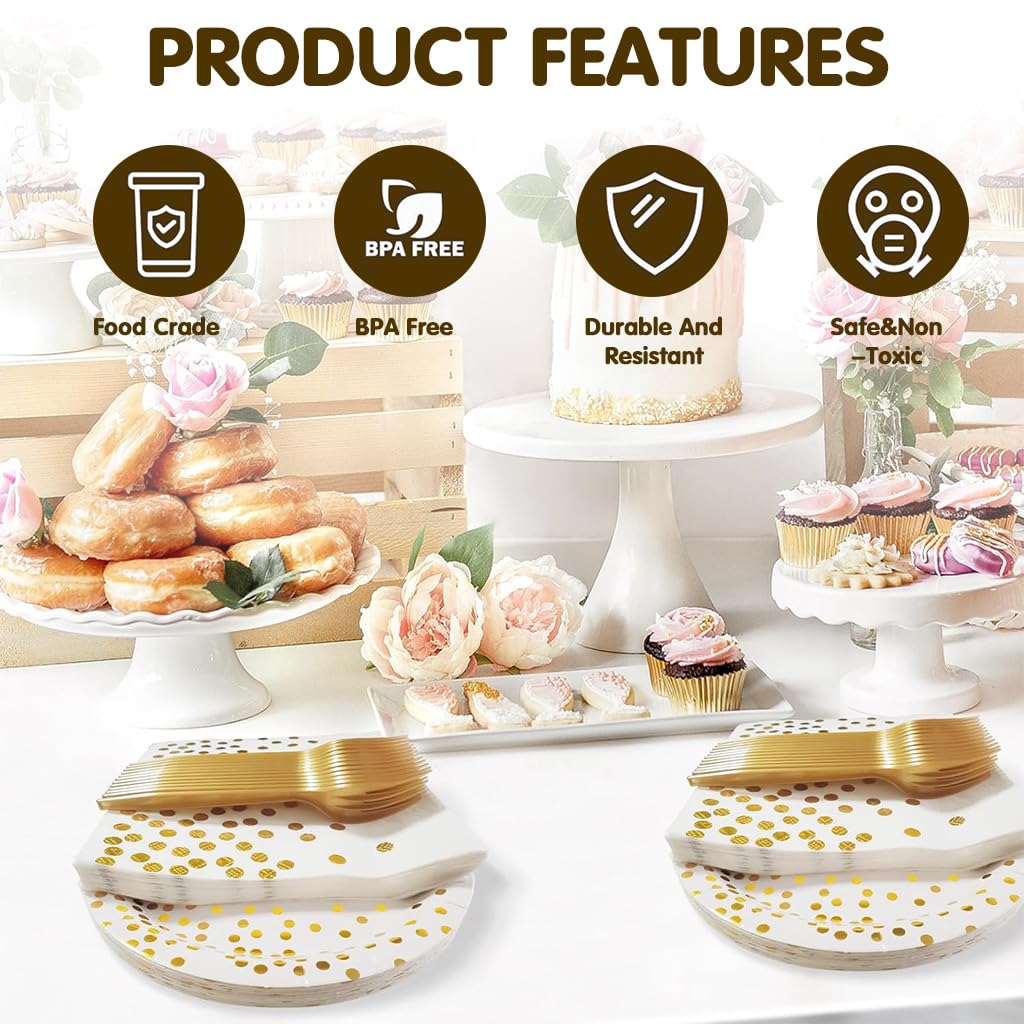 Supvox Party Dinnerware Kit for 10 with 7 and 9 in Golden Dotted Plates | 20 Tissues Included