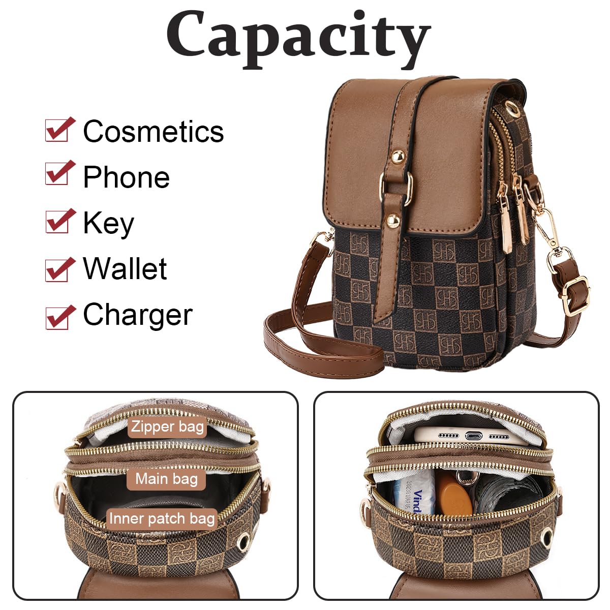 Venzina Sling Bag for Women with Two Zipper Pockets 13×7×20cm | PU Leather Bronze Crossbody