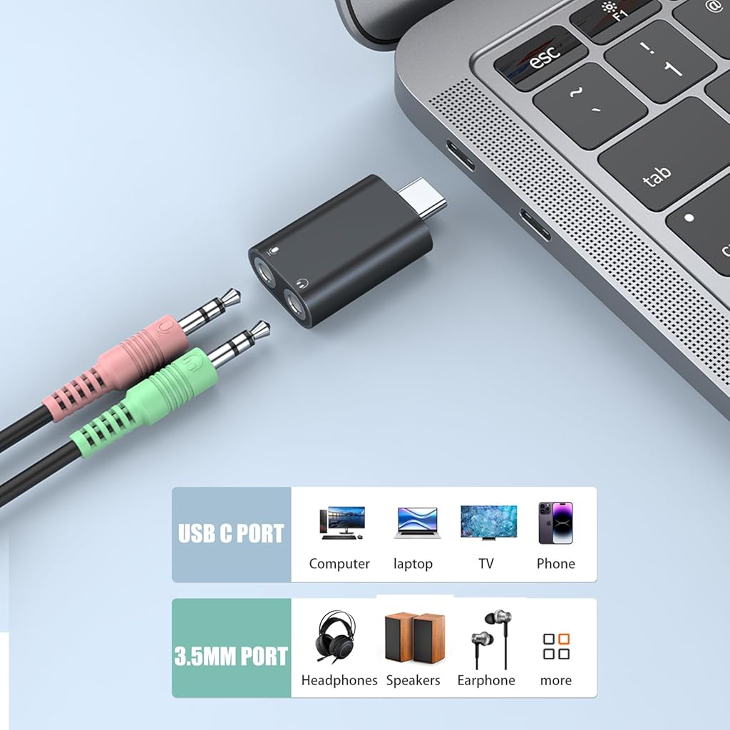Verilux® USB C Sound Card to 3.5mm Jack Audio Adapter Type Aux External Stereo Headphone for PS4 PS5 Mac Linux Laptop Desktops Docking Station 2PCS