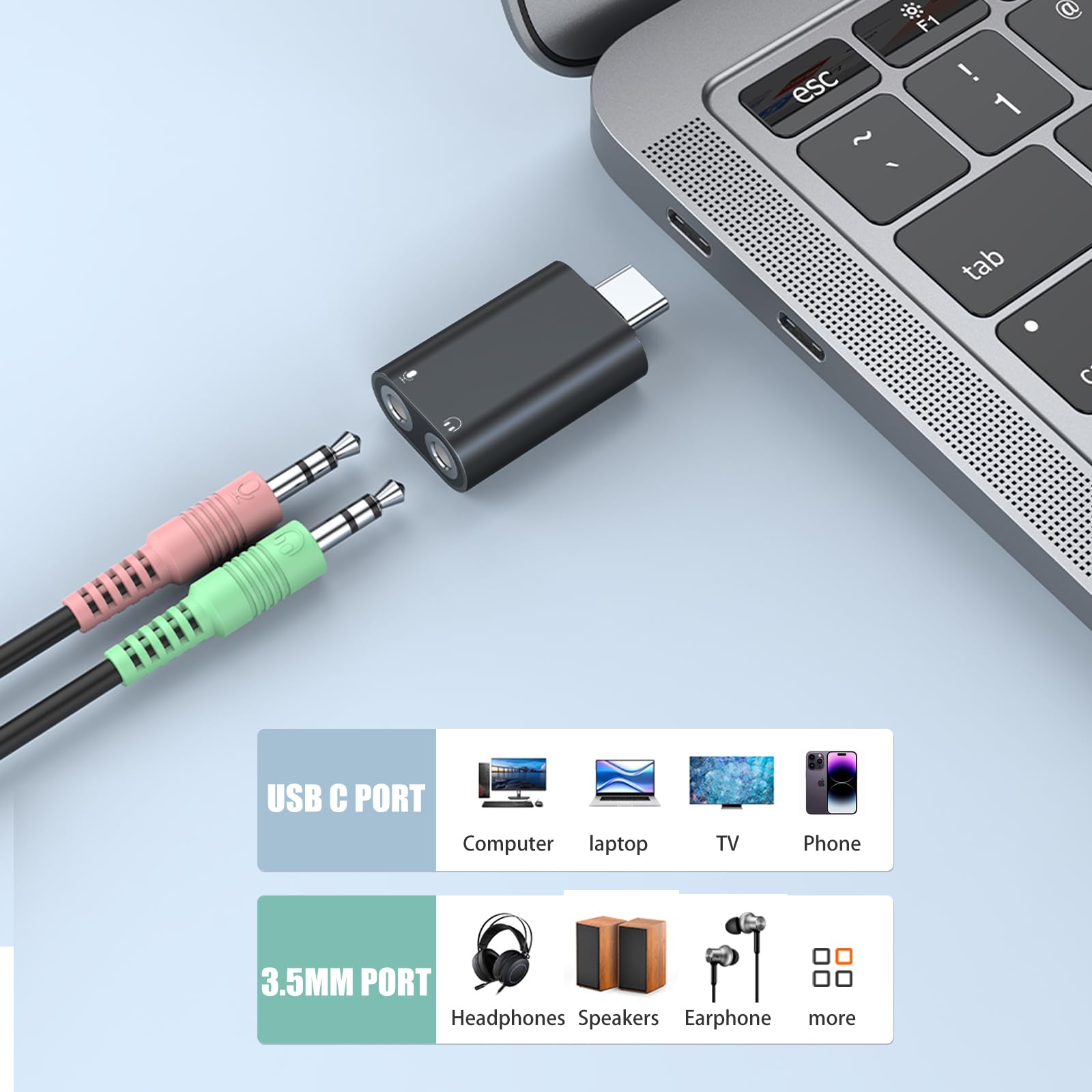 Verilux USB C Sound Card for Stereo Audio and Mono Mic Input | 3.5mm Adapter 2PCS