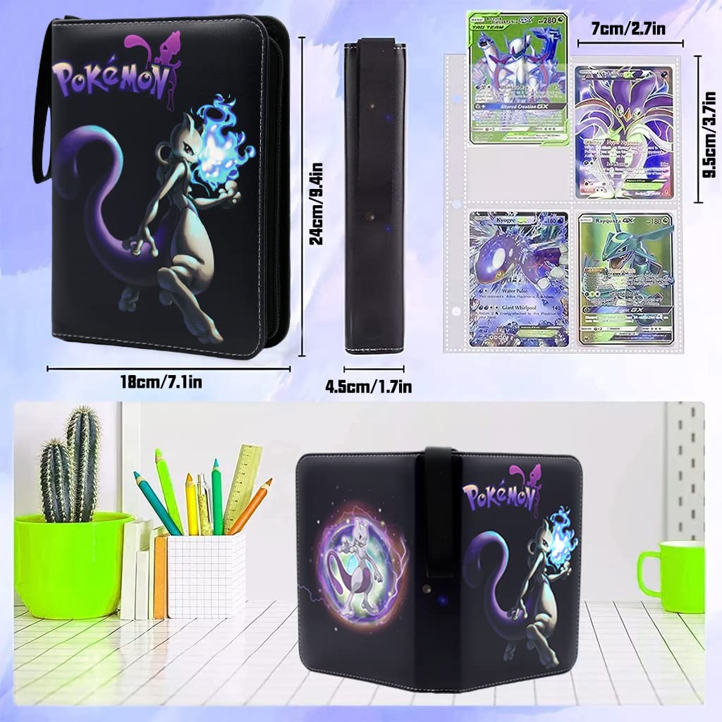 PATPAT® Poke-mon Binder, Poke-mon Cards Album for 400 Poke-mon Cards Cartoon Prints Zipper Bag Trading Card Binder Poke-mon Collection Cards Pack Bag Game Cards Case Gift for Kids - Mewtwo