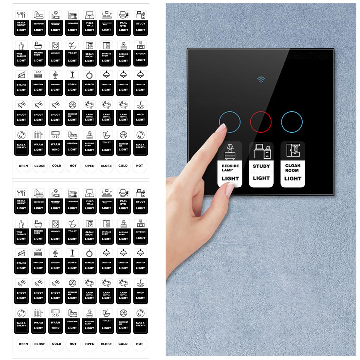 Climberty® Switch Label ID Sticker Set, Icon Switch Sticker for Distinguish Waterproof Switch Label Stickers, Touch Buttons Switch Icon Stickers for Home, Kitchen, Room, 48pcs/Sheet