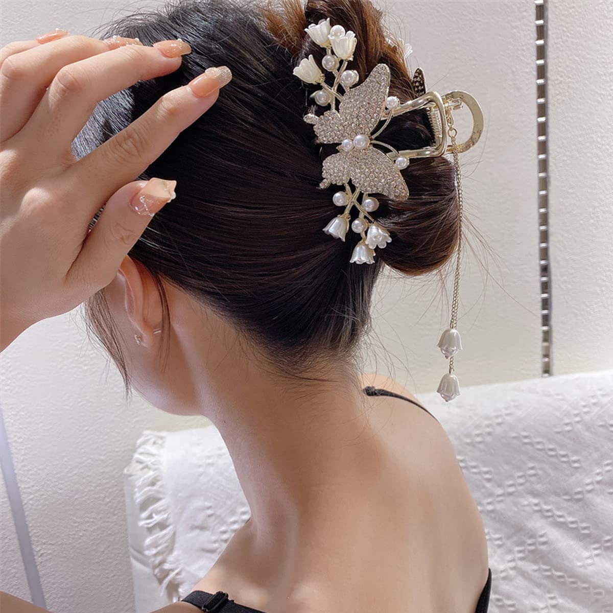 PALAY Hair Clips for Women with Butterfly Tassel Design and Golden Alloy Clutcher | Rhinestone Decorative Barrette for Thick Hair