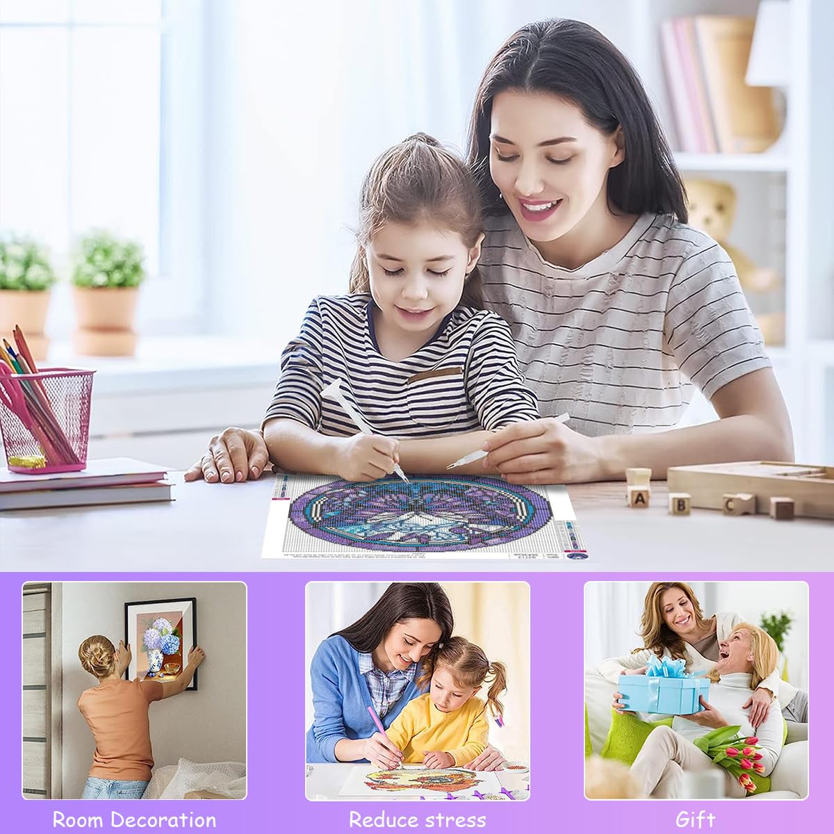 HASTHIP Butterfly 5D Diamond Painting Kit for DIY Wall Art with Tools Blue Purple 14x14 in 2 pcs