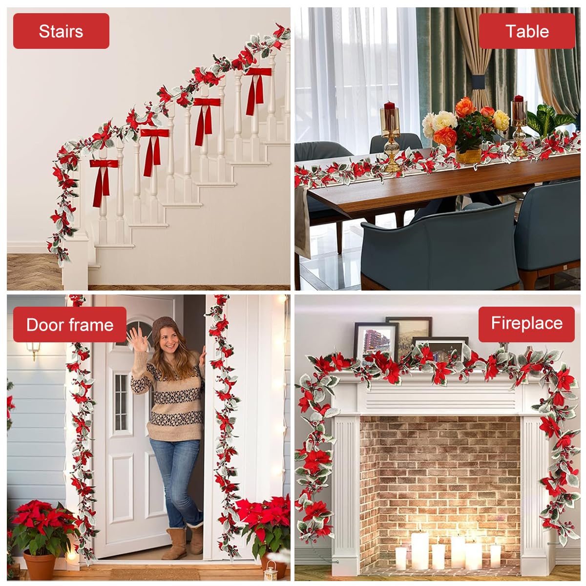 HASTHIP® 2Pcs Christmas Tree Decorations 6.6Ft Poinsettias Ornament Artificial Winter Holly Christmas Tree Decorations Artificial Christmas Flowers Christmas Wreath Garland Decoration Door Decoration