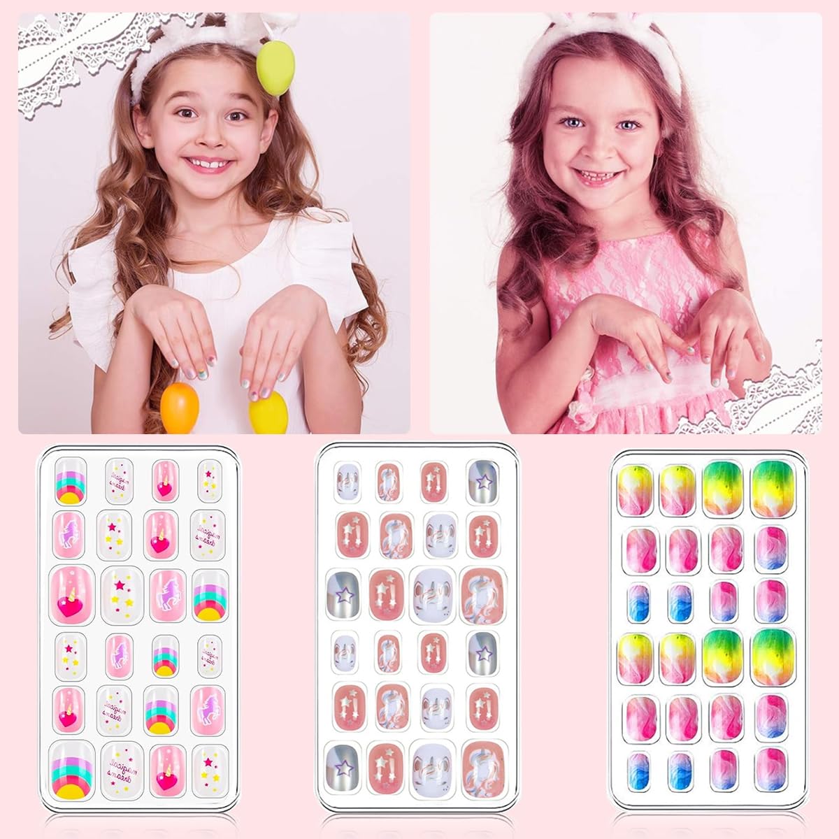 MAYCREATE Children Press On Nails Kit with 72 Pcs Cartoon Designs for Kids Girls | ABS Plastic