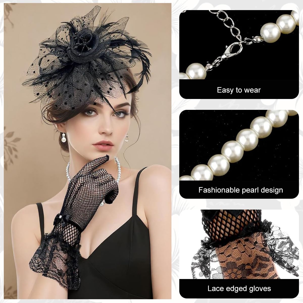 PATPAT Fascinator Tea Party Hats Set for Women with Lace Gloves & Pearl Jewelry | 5 Pcs Vintage Black Accessories