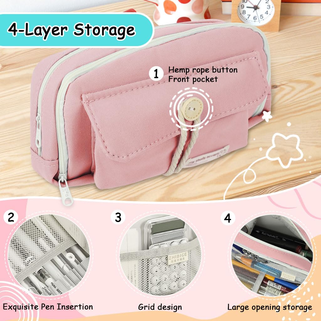 Zibuyu Pencil Pouch for School and Office featuring Double Layer Design with 21x11x7.5cm Canvas | Pink Organizer for Students