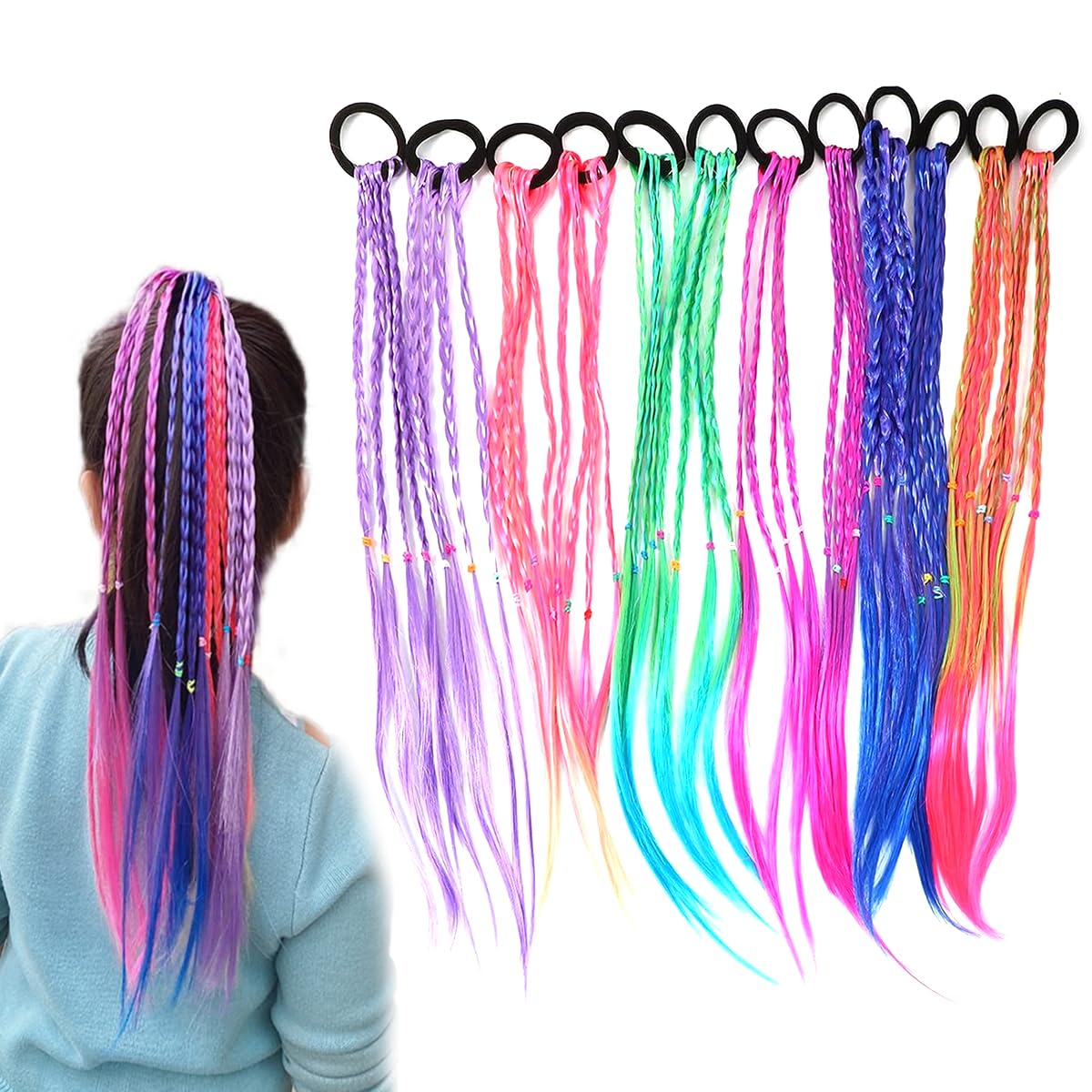 SANNIDHI® 12pcs Rubber Bands Hair Extensions for Girls Women, 17 Inch Colorful Braided Synthetic Hairpieces, Kids Ponytail Wigs Twist Braid Rope Hair Accessories