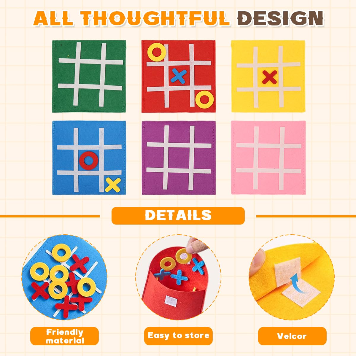 PATPAT Felt Tic Tac Toe Game for Kids with 6 Color Pieces and Storage Pouch | Travel Toy