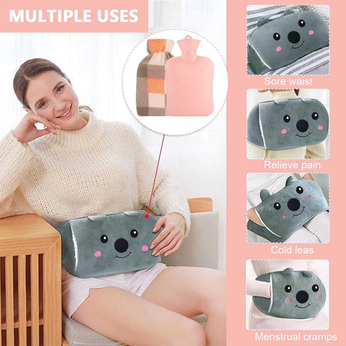 HANNEA Hot Water Bag Set for Period Pain Relief with Plush Cover and Waist Wrap Belt 1200ml PVC