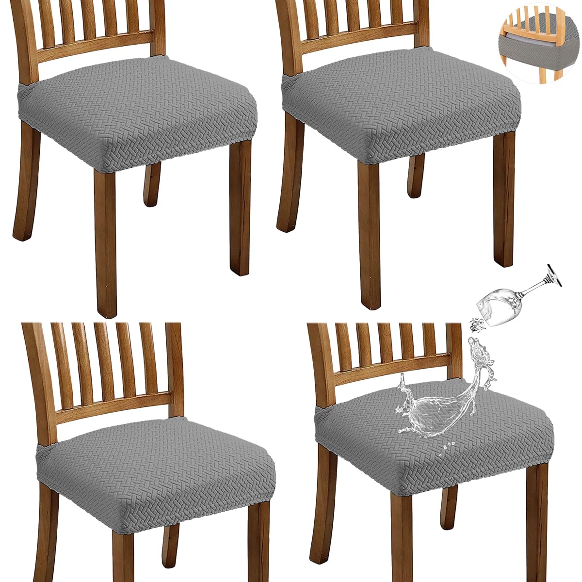 HASTHIP® 4Pcs Dining Chair Cushioned Seat Chair Cover Elegant Jacquard Grey Cover Stretchy Dacron Seat Cover for Cushioned Seat Chair, Cushioned Dinning Chair