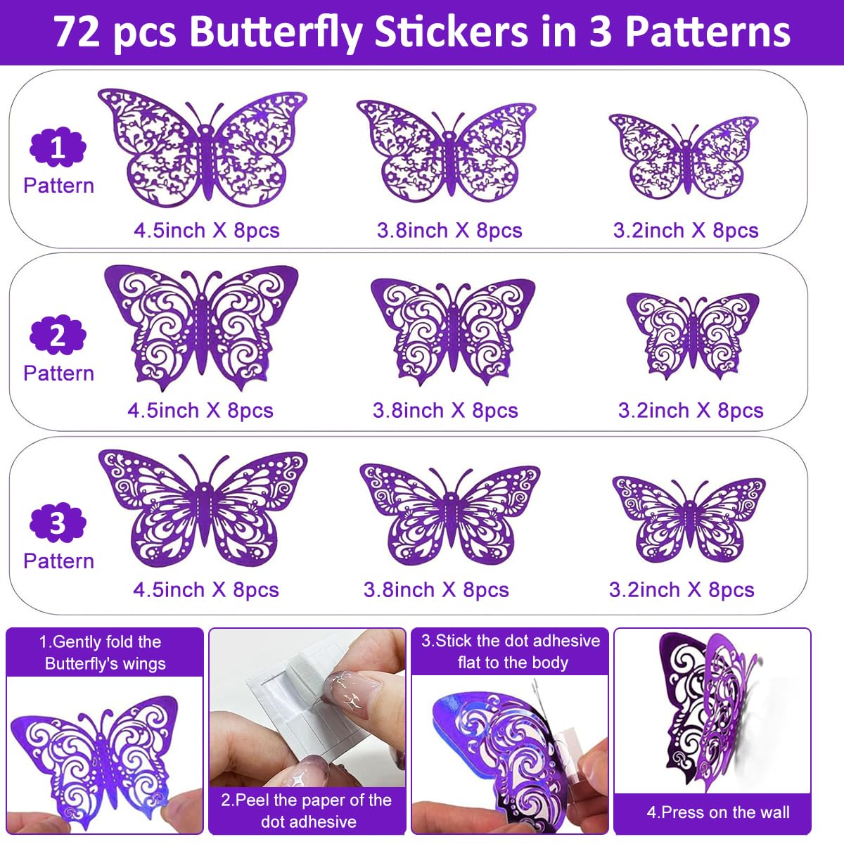 HASTHIP® 72pcs 3D Butterfly Wall Stickers Decor Lavender Purple Butterfly Cut-out Metallic Decorative Wall Art Crafts for Baby Room Home Decor Refrigerator Decoration(3 Designs, 3 Sizes)