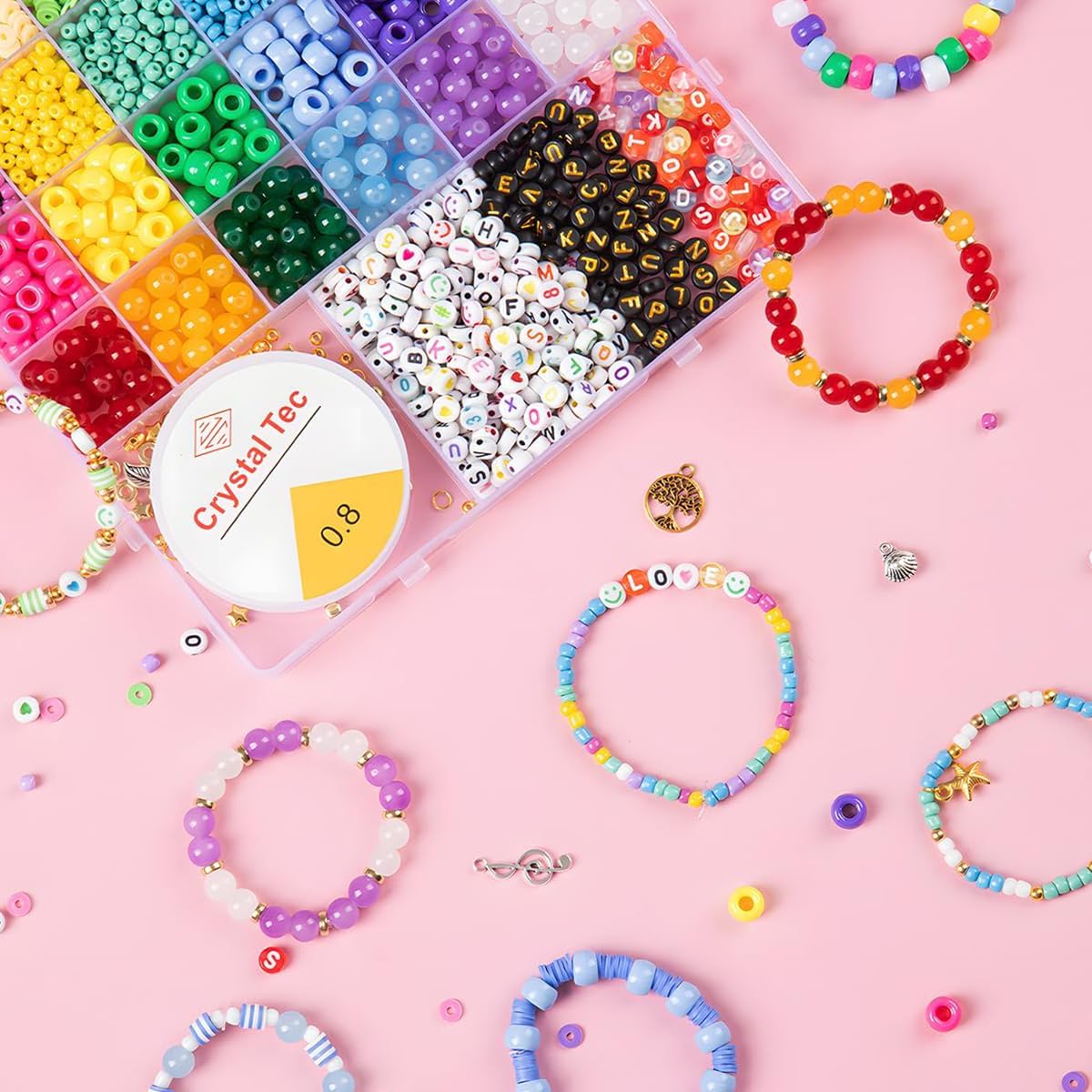 SANNIDHI Beads Kit for Bracelet Making with 24 Colors and 7 Types including Charms | DIY Jewelry Set for Kids and Adults