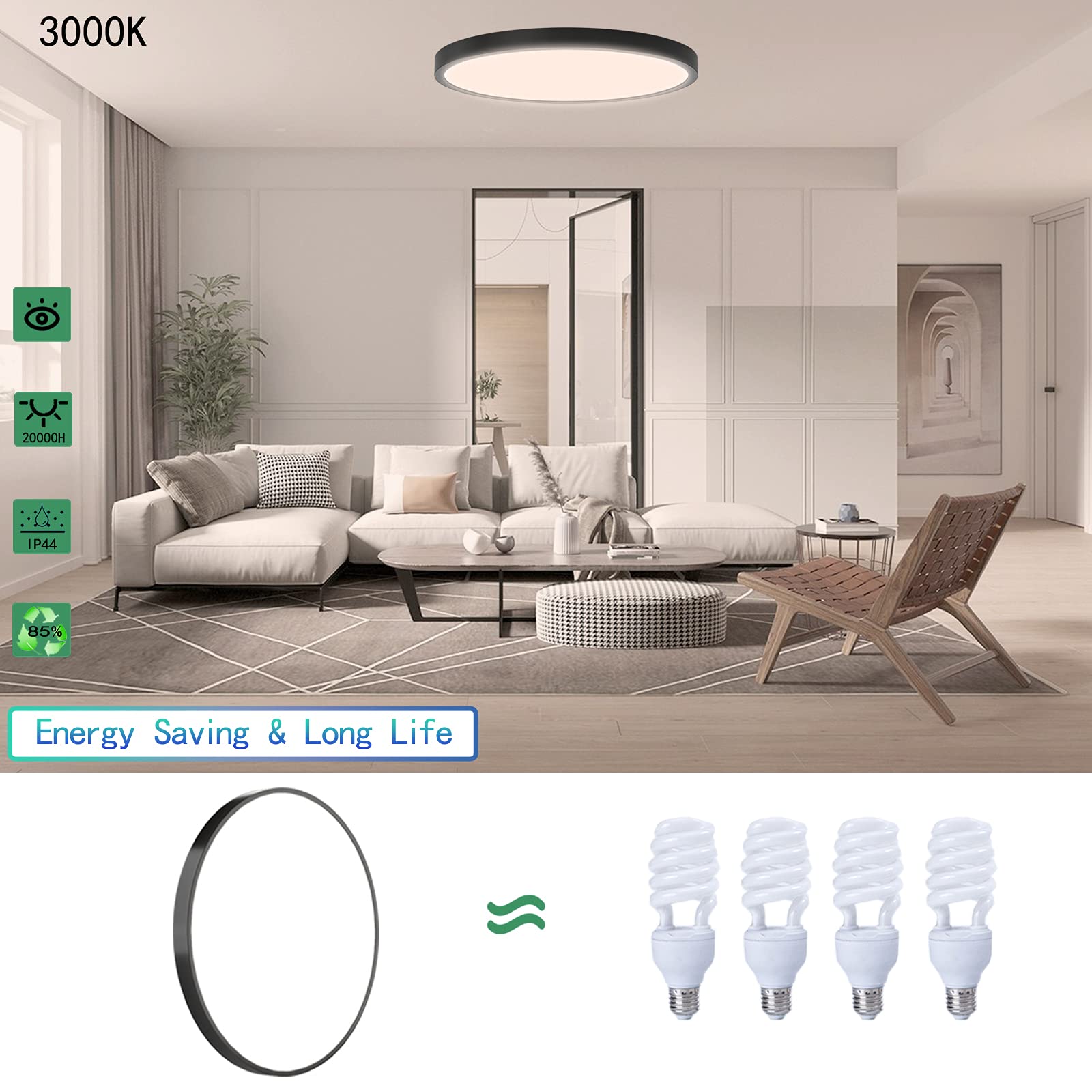 HASTHIP LED Ceiling Light for Living Room with 24W 120pcs Source and 0.83in Ultra Thin Design | Warm 3000K Black Fixture