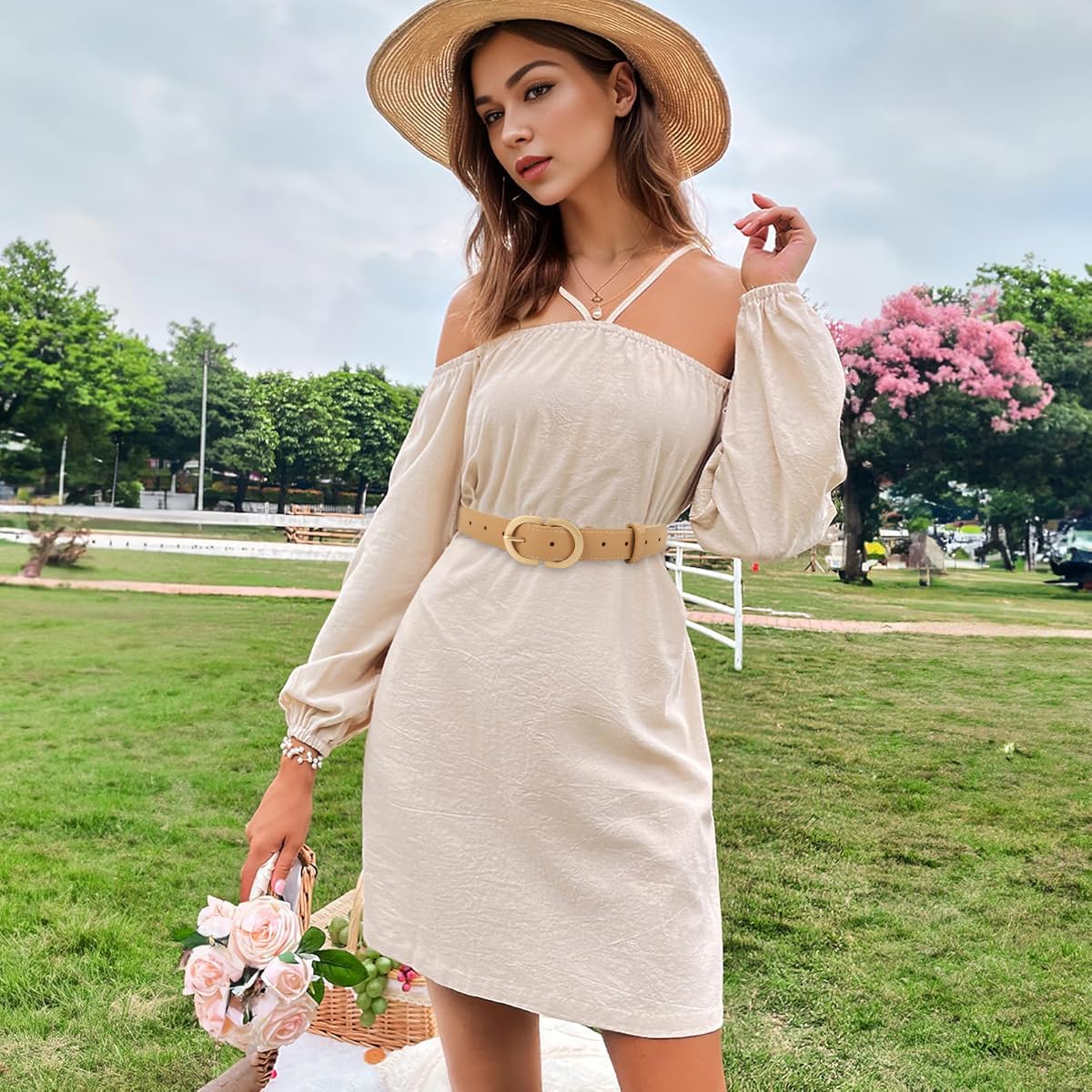 SANNIDHI Ladies Belt for Jeans and Dresses featuring Tuck and Pin Closure with Gold Buckle | 105cm Khaki PU Leather Slim Fit