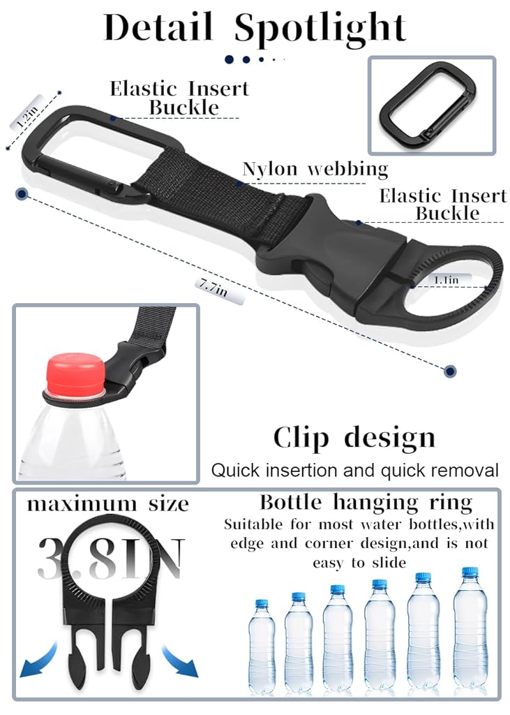 Proberos® 1PC Bottle Buckle Clip Hanging Portable Water Ring Holder Keychain Mineral for Backpack Belt Nylon Webbing Strap Outdoor Tactical Camping Hiking - Black
