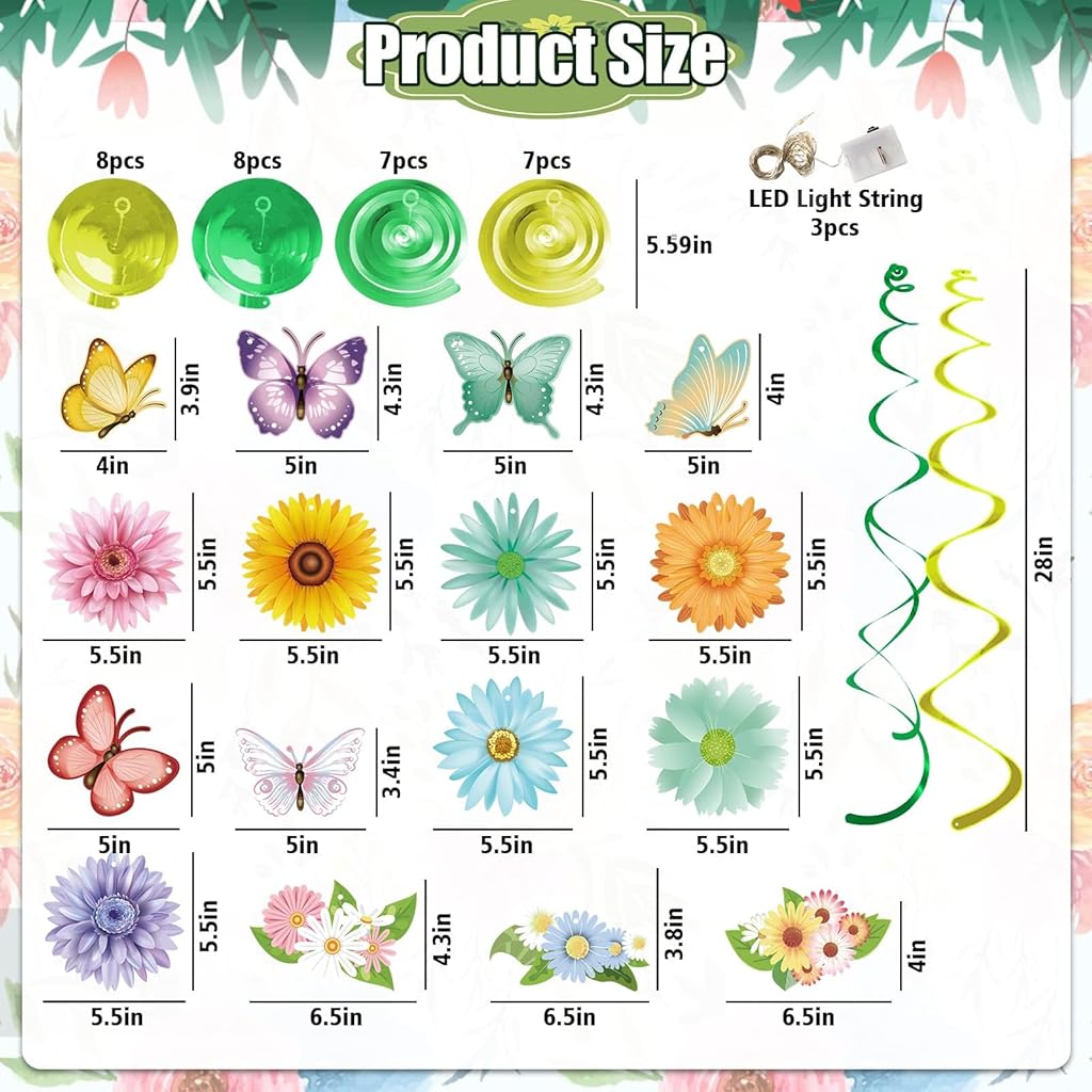 PATPAT® 48Pcs Sunflower Flower Summer Theme Birthday Party Decorations Items, Multicolour Hanging Swirls Ceiling Decoration iItems Streamers Party Decorations for Home, Baby Shower, Easter