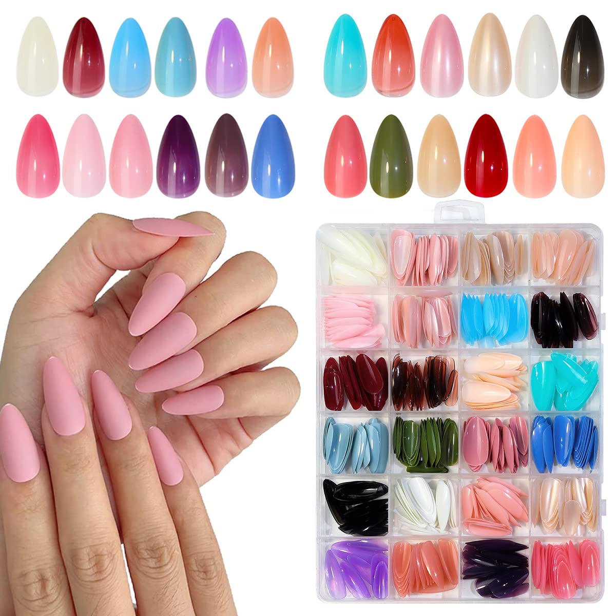 MAYCREATE® 24 Color Press on Nails Sets, False Nails Artificial Fake Nails Coffin Press on Nails Solid Color Glossy Fake Nails Full Cover False Nails Tips for Women Girls DIY Nail, Style B (No glue)