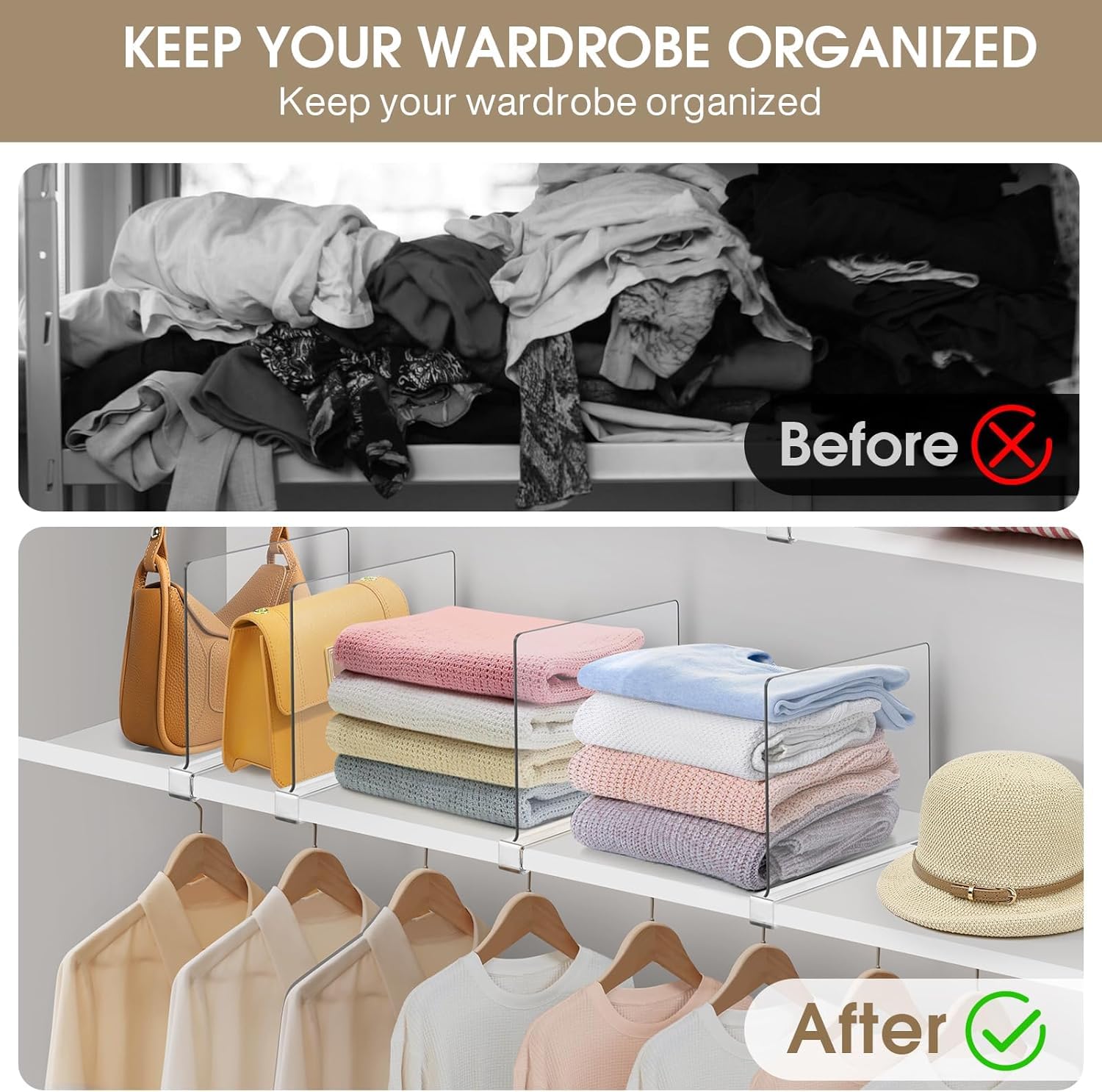 HASTHIP Clear Acrylic Shelf Dividers for Closet Organization 30x24.5cm with Insert-On Design