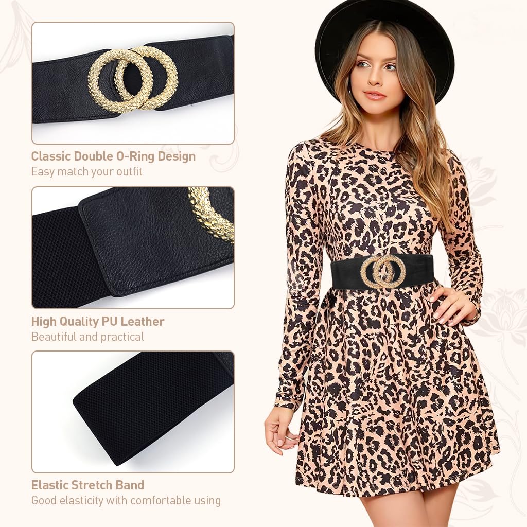 Zibuyu Belt for Women with Golden Crossing Metal Ring Buckle in Black PU Leather | Elastic Waist Accessory for Dresses and Blazers
