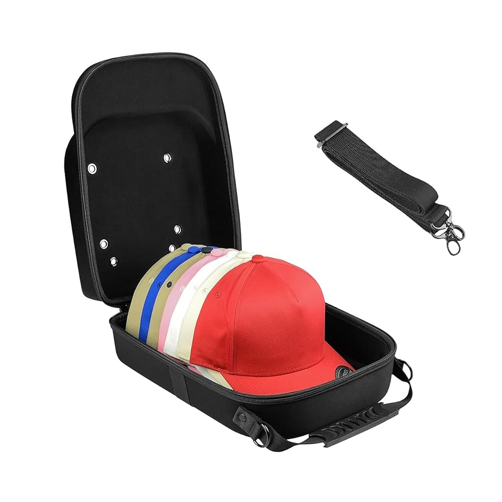 HASTHIP® Cap Organizer Bag, 4-6-cap Capacity, Ventilated Design EVA Hard Case, Anti-Scratch Travel Storage Cap Case Bag with Handle & Shoulder Strap, 33x23x14cm
